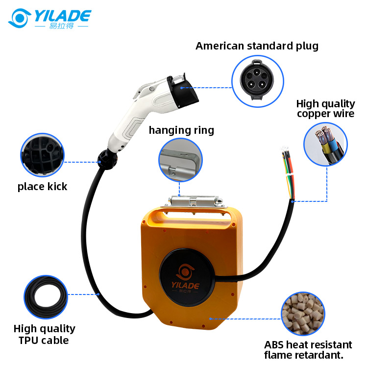 YILADE 3.5KW 22KW Type2 to Type 2 16A 32A EV Retractable Charging Cable Reel for Car