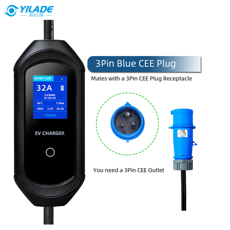 16A 3.5kW 32A 7kW Type 2 Portable EV Charger IEC 62196 Cable for New Energy Car